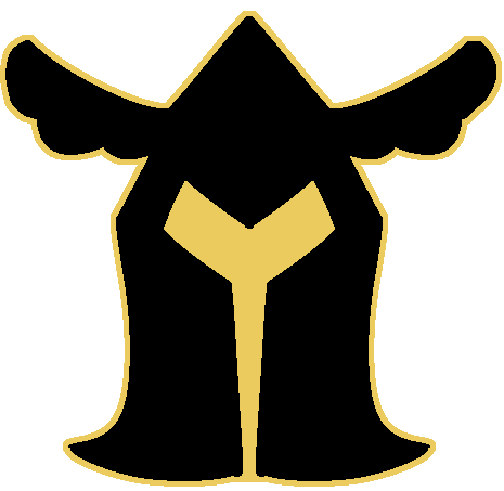 A black helmet with wings and a yellow outline.